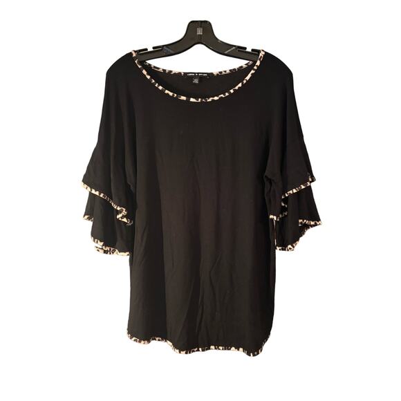 Cable & Gauge Tops - Cable & Gauge Shirt Top Blouse Black With Animal Print Trim Layered Bell Sleeves